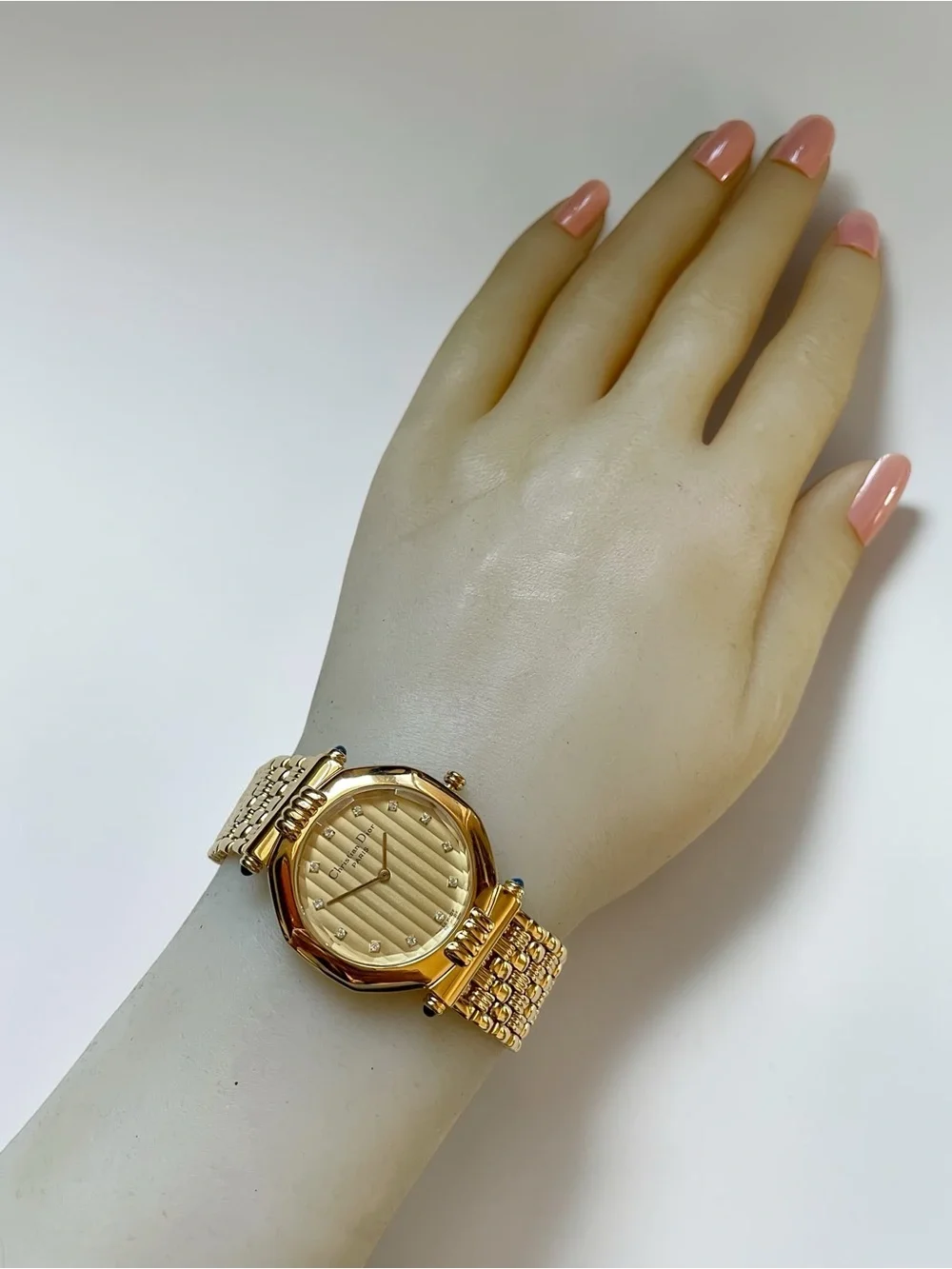 Vintage Christian Dior Octagon Gold Watch with Diamond Hour Marker Dial